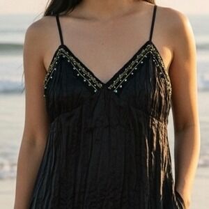 Black Pleated Satin Camisole Top Beaded V-Neck‎ Boho Size M Whimsigoth Fairy Y2K